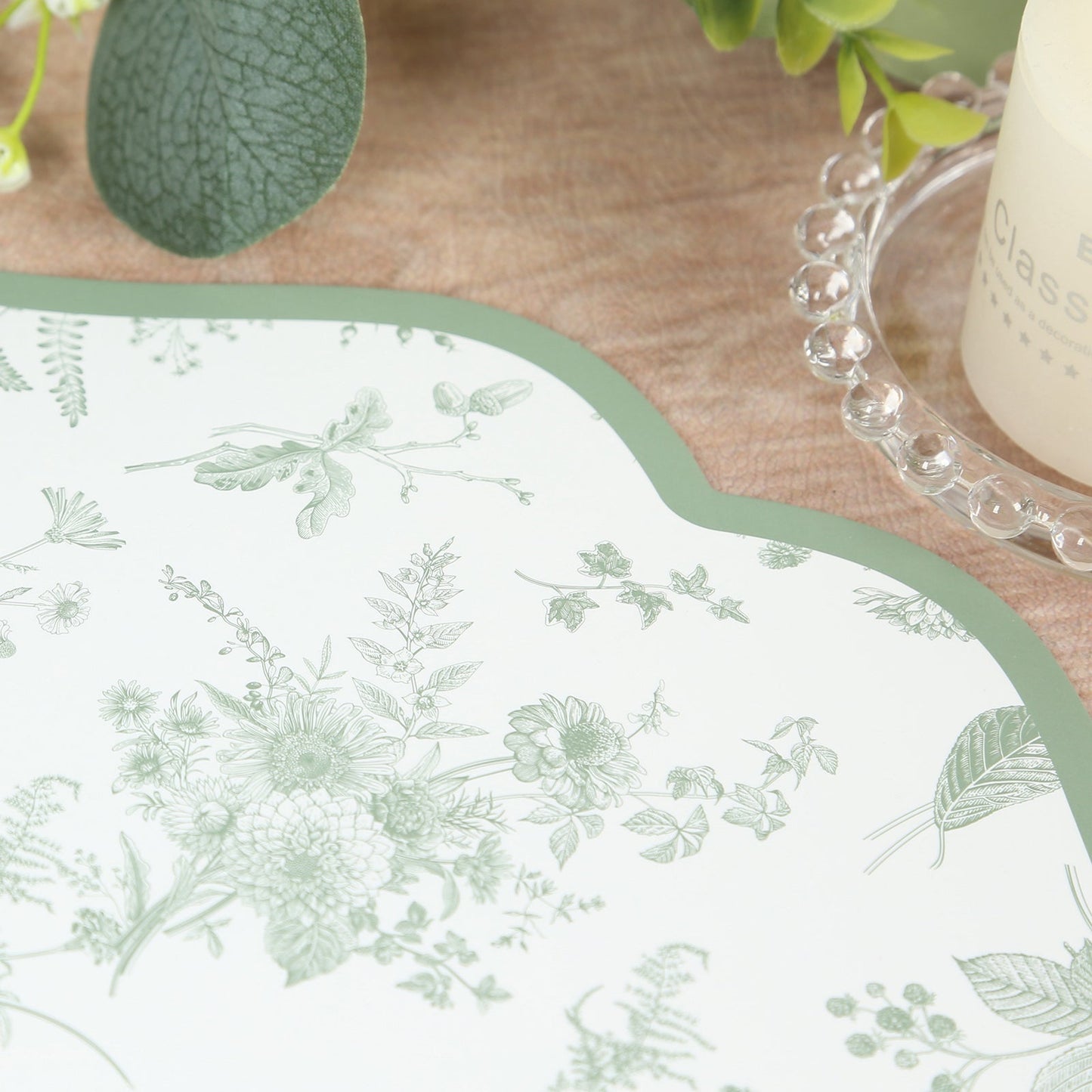 10 Pack Disposable Charger Plates White with Sage Green French Toile Pattern, 13" Cardboard Paper Placemats with Scalloped Rim