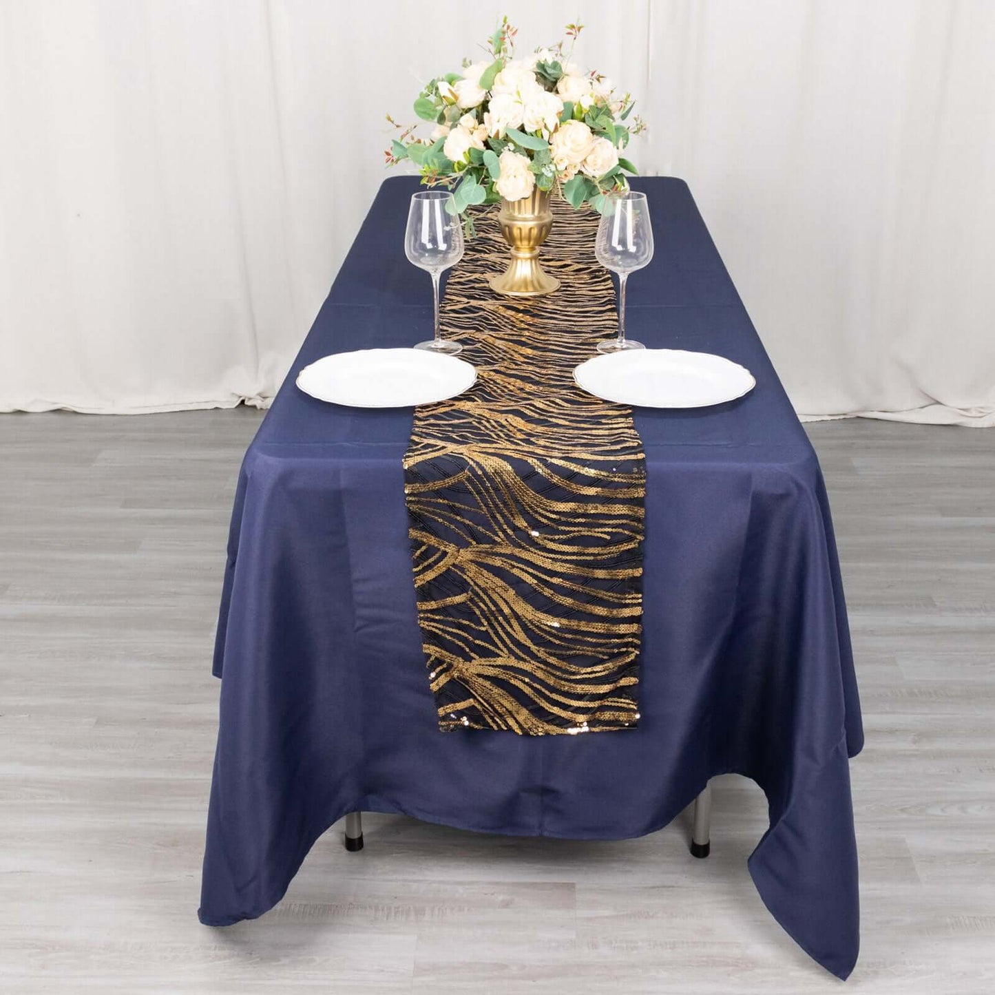 Sequin Mesh 12"x108" Table Runner Black Gold Stylish Wave Embroidery