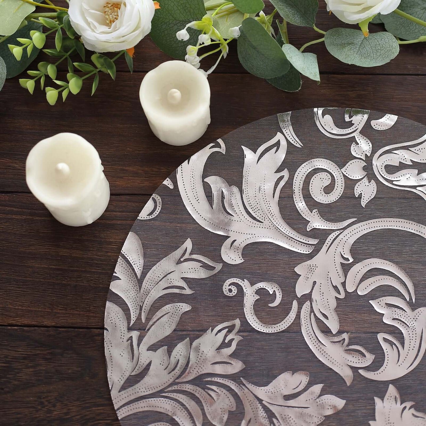 10-Pack Table Placemats Swirl Foil Floral Design Metallic Silver Round - Sheer Organza Disposable Mats 13"