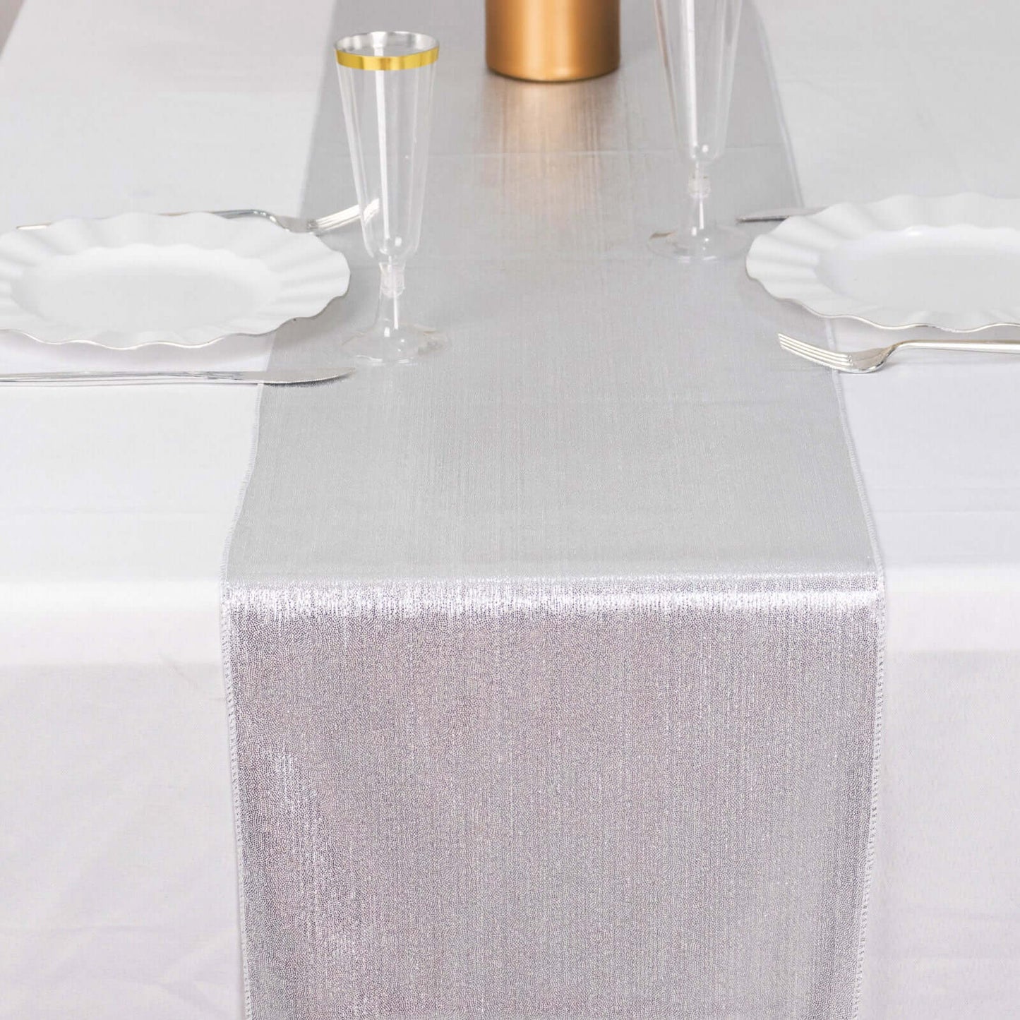 Polyester 12"x108" Table Runner Silver Shimmer Sequin Dots - Wrinkle-Free Finish Table Linen