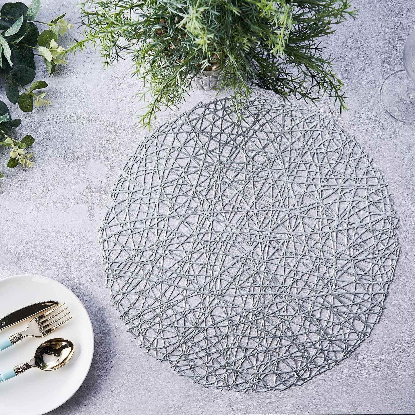 6-Pack Vinyl Placemats Silver Woven Design - Durable Non-Slip Round Table Mats for Dining 15"