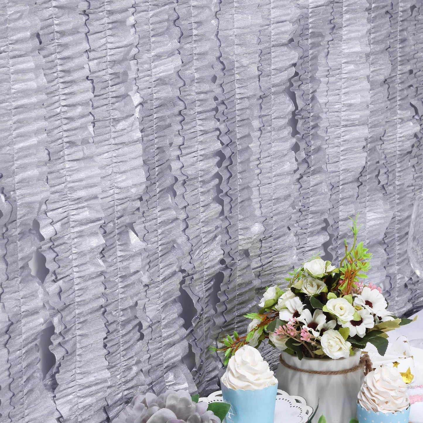 3 Rolls 28ft Silver Ruffled Tissue Paper Party Streamers, Crepe Paper Backdrop Decorations