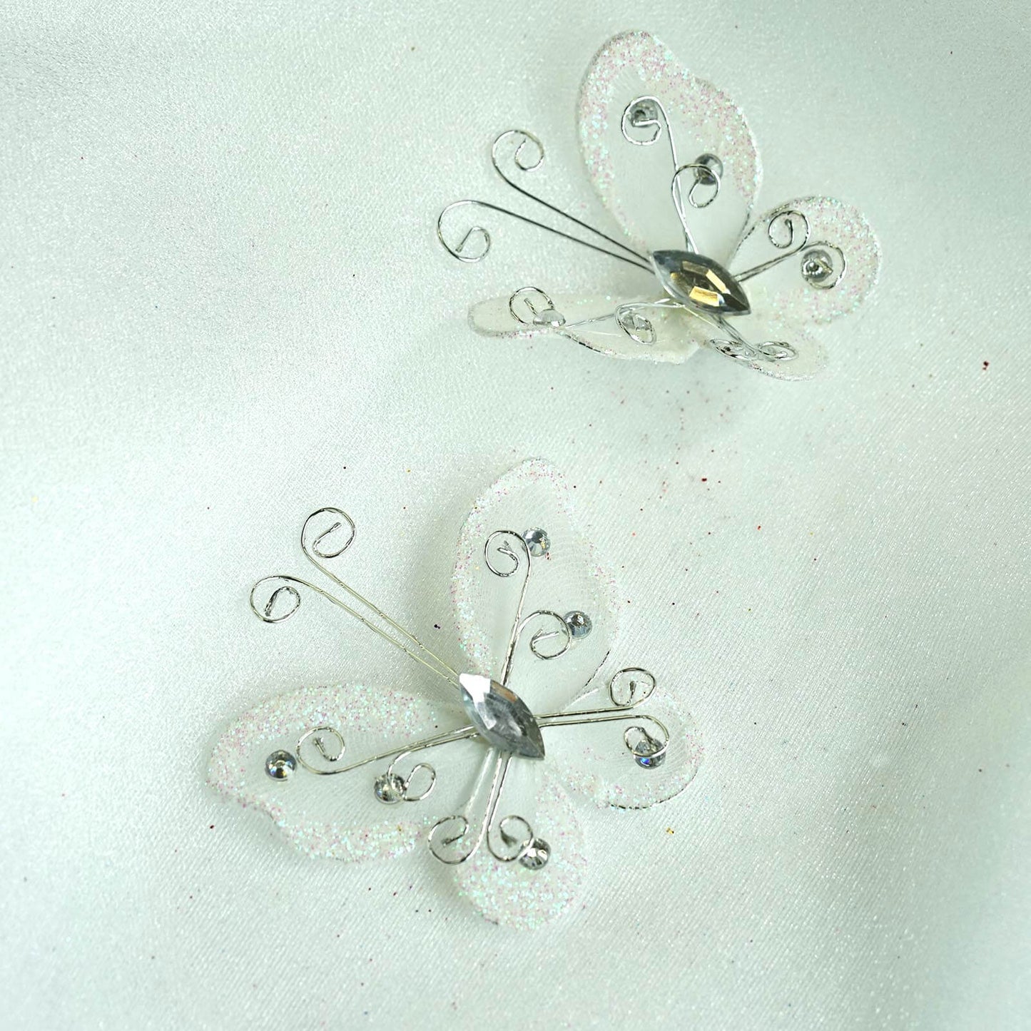 12 Pack 2" White Diamond Studded Wired Organza Butterflies