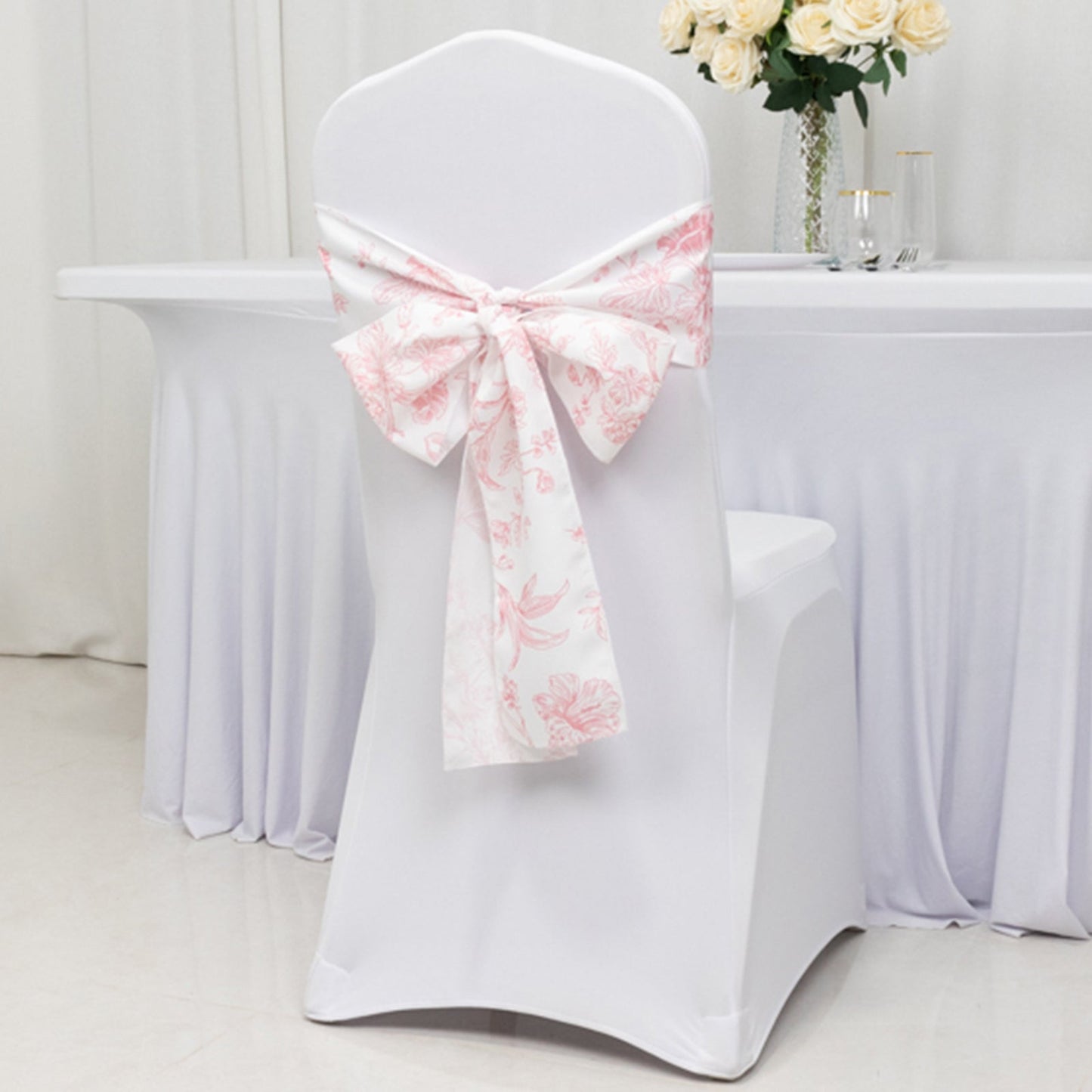 Polyester Chair Sashes White/Pink French Toile Floral Design - Wrinkle-Resistant & Durable Chair Bows 6"x108"