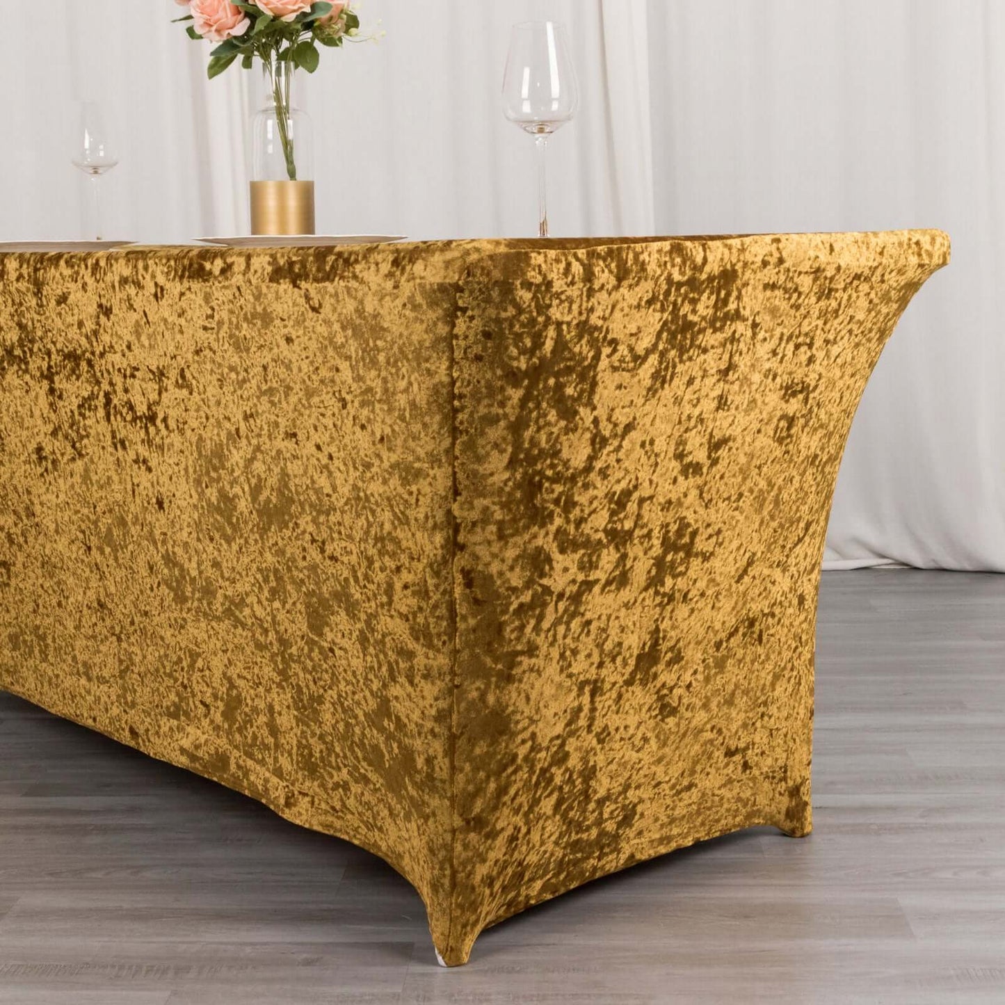 Crushed Velvet Fitted Rectangular 6ft Table Cover Gold - Wrinkle-Free Stretchy Tablecloth