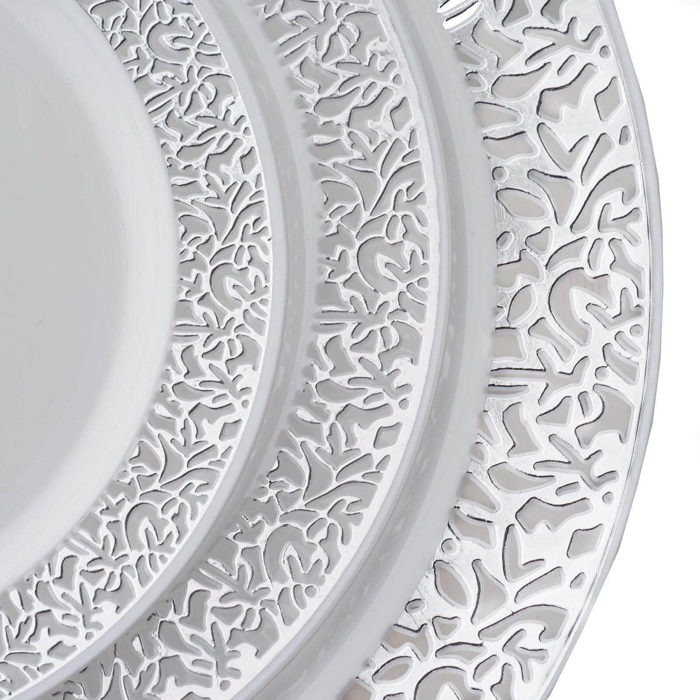 10-Pack Dessert Plates Lace Rim Design White with Silver - Plastic Disposable Appetizer Plates for Events 6"