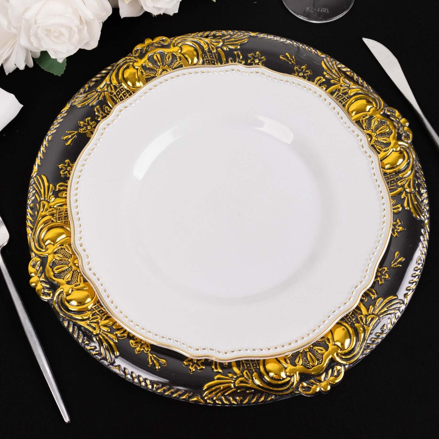 6-Pack Plastic Round Charger Plates 13" in Clear with Gold Florentine Embossed Rim, Exquisite Dinner Serving Plates