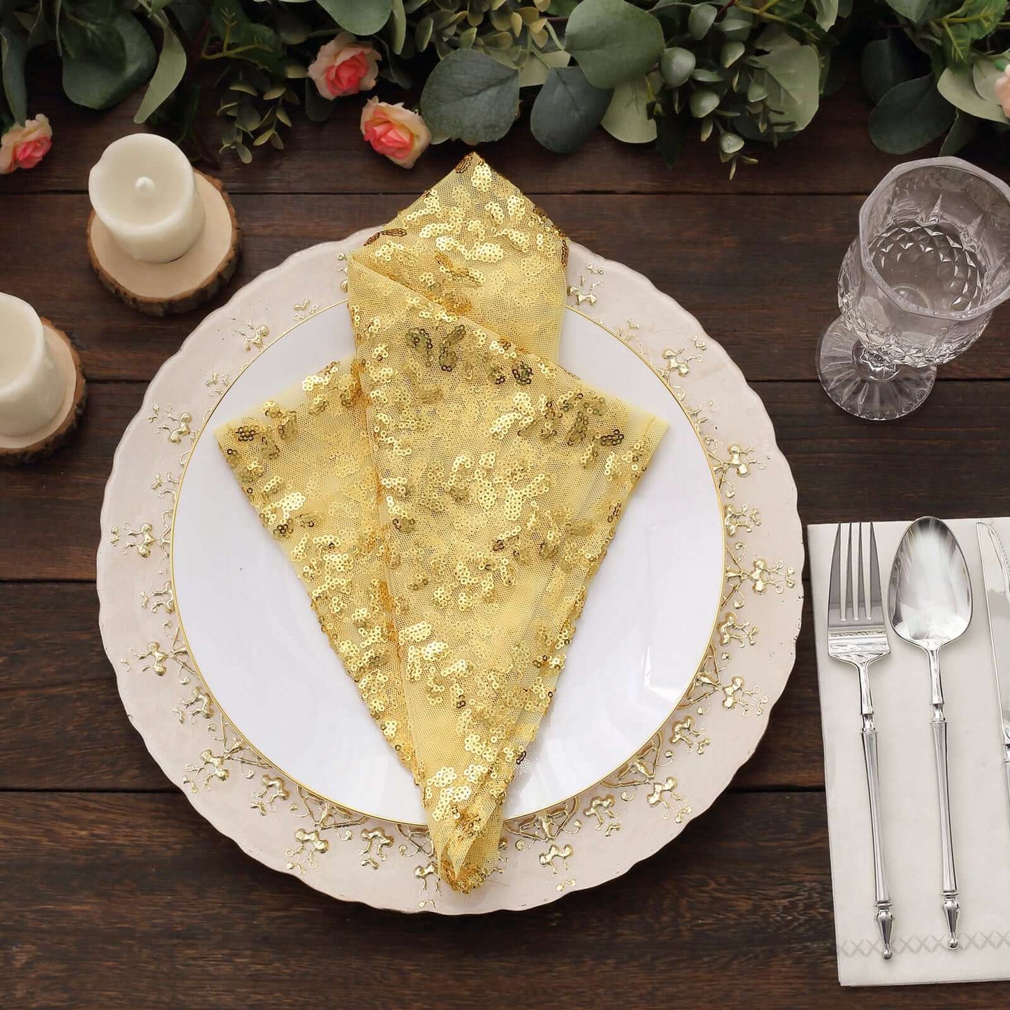 Sequin Tulle 20"x20" Napkin Gold Embroidered Leaf Vine Pattern - Shimmering Event Decor