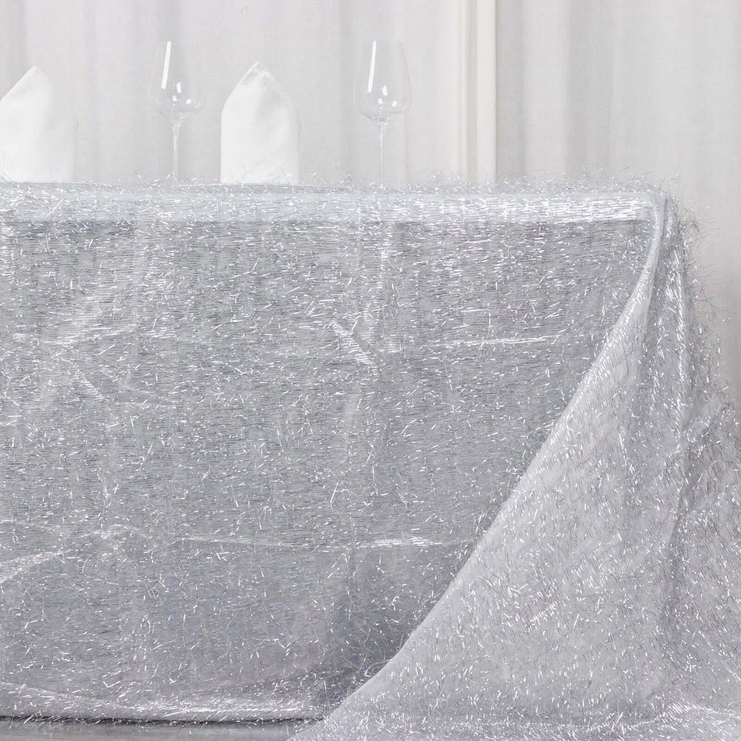Polyester 90"x156" Rectangle Tablecloth Silver Metallic Fringe Shag Tinsel Table Cover