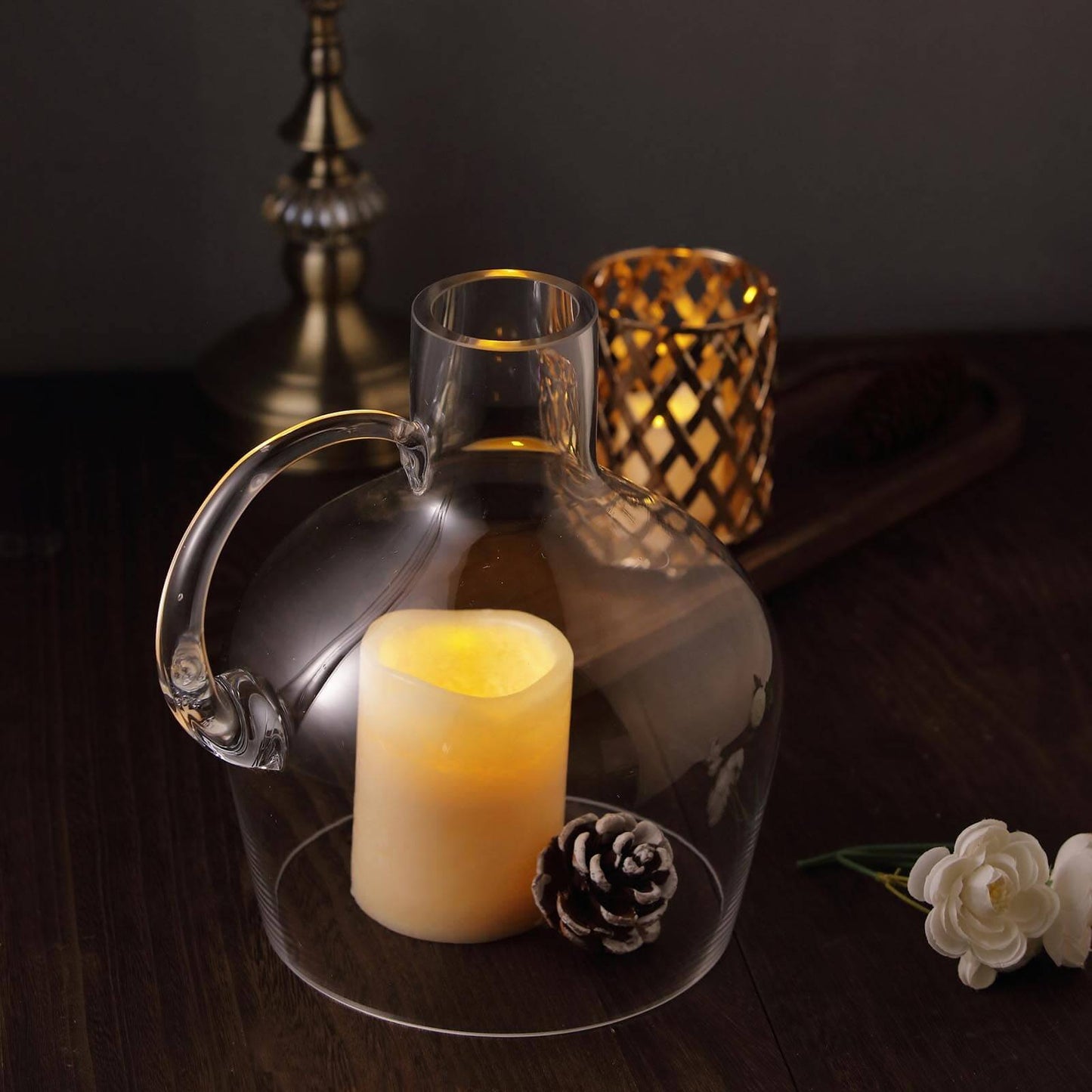 Glass Candle Holder Cloche Jar Dome Clear with Wooden Base - Stylish Centerpiece for Floral Displays 10"