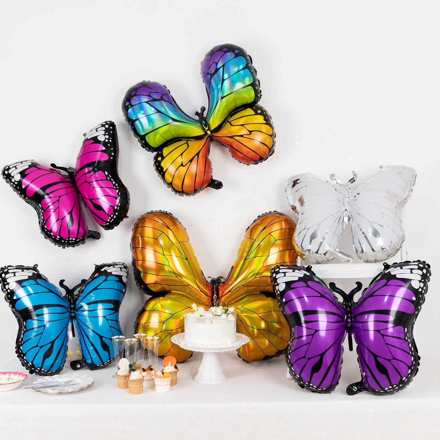 Set of 6 Assorted Butterfly Helium Foil Balloons, Fairy Tale Theme Party Supplies - 21",23",28"