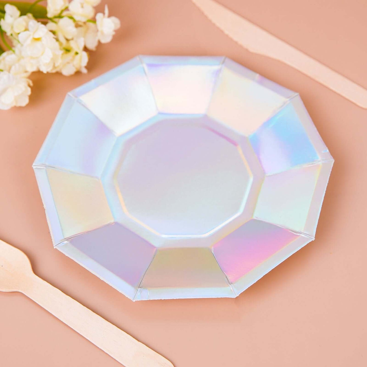 25-Pack Paper 7.5" Decagon Dessert Plates in Iridescent - Disposable Holographic Salad Plates for Starry Night & Fairytale Parties