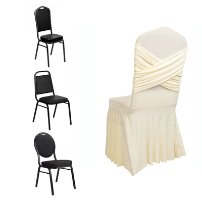 Ivory Spandex Banquet Chair Cover with Ruffle Skirt & Cross Back Sash â€“ Stretch Slipcover for Events