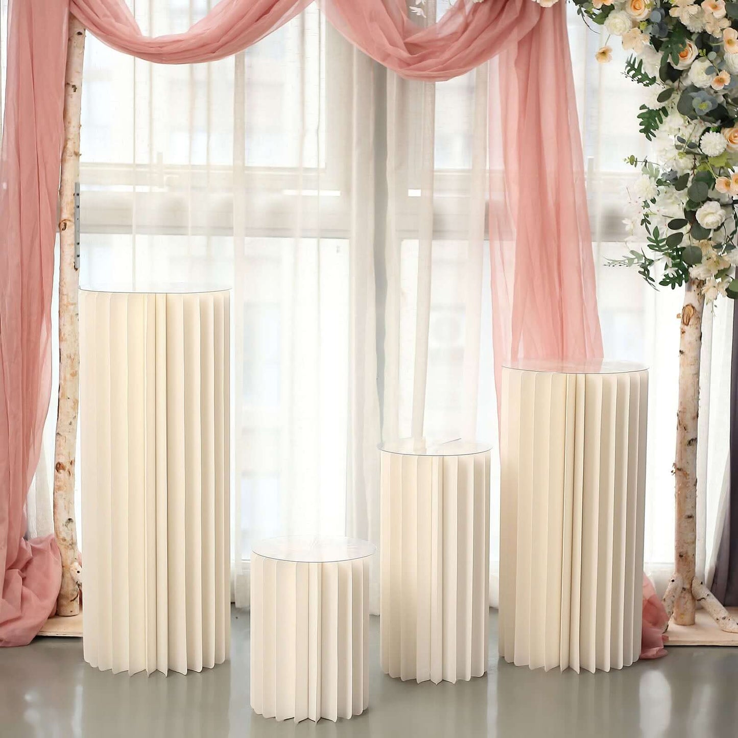 32" Ivory Cylinder Display Column Stand, Pillar Pedestal Stand With Top Plate