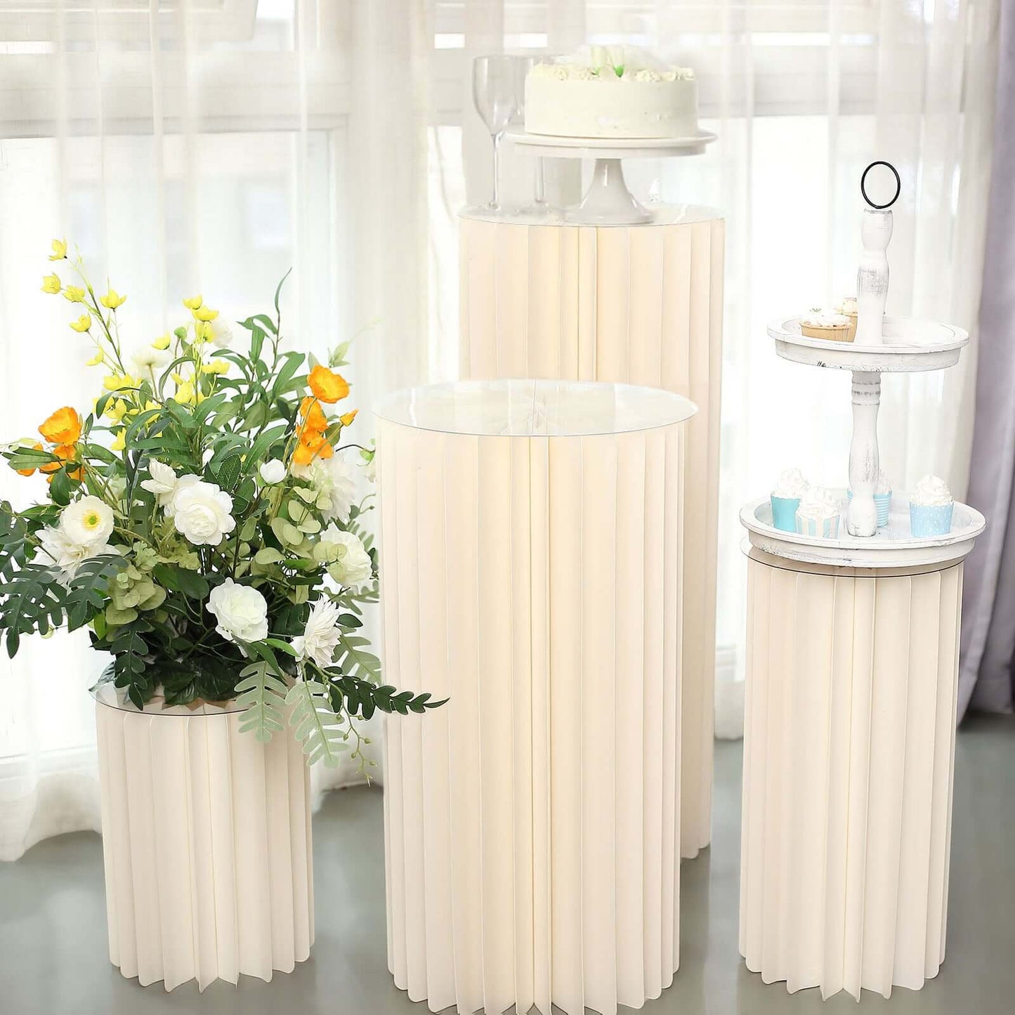 32" Ivory Cylinder Display Column Stand, Pillar Pedestal Stand With Top Plate