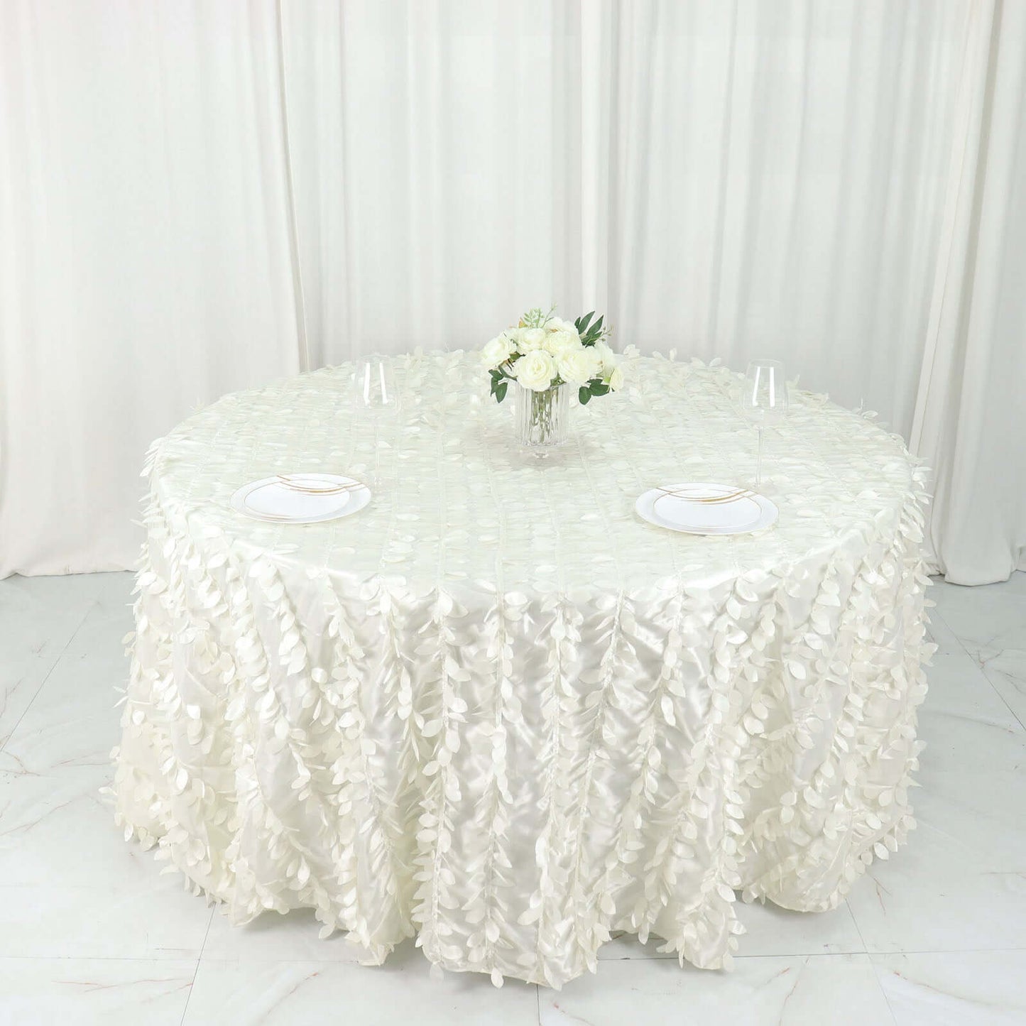 Taffeta 132" Round Tablecloth Ivory | 3D Leaf Petal Design Seamless Table Cover
