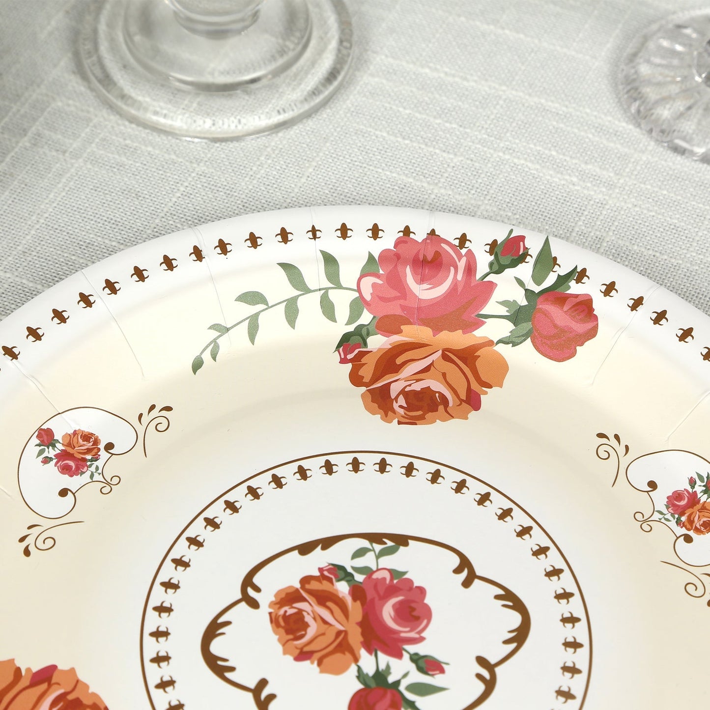 25-Pack Paper 9" Round Dinner Plates in Ivory with Vintage Rose Flower Print - Disposable Plates for High Tea Gatherings & Romantic Celebrations