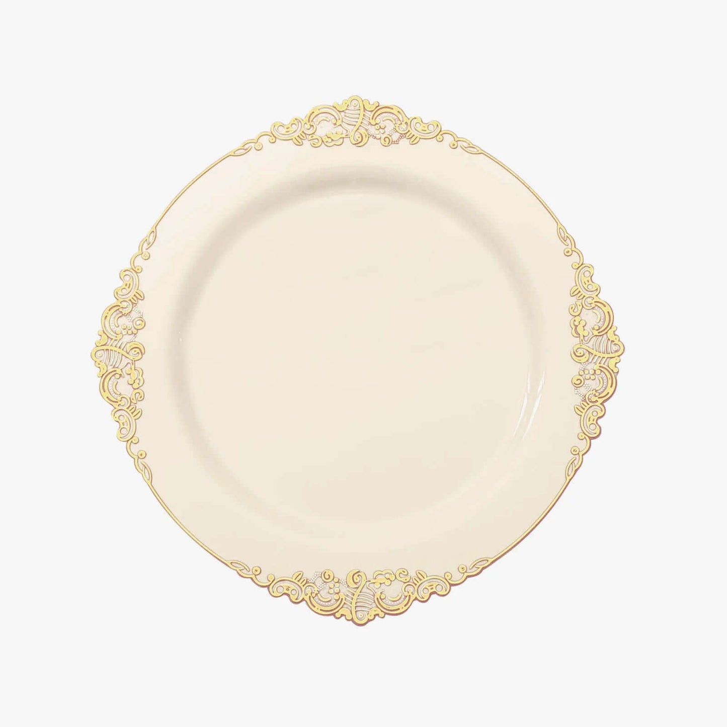 10-Pack Plastic 10" Round Dinner Plates in Ivory with Gold Leaf Embossed Rim - Disposable Vintage Baroque Style Plates