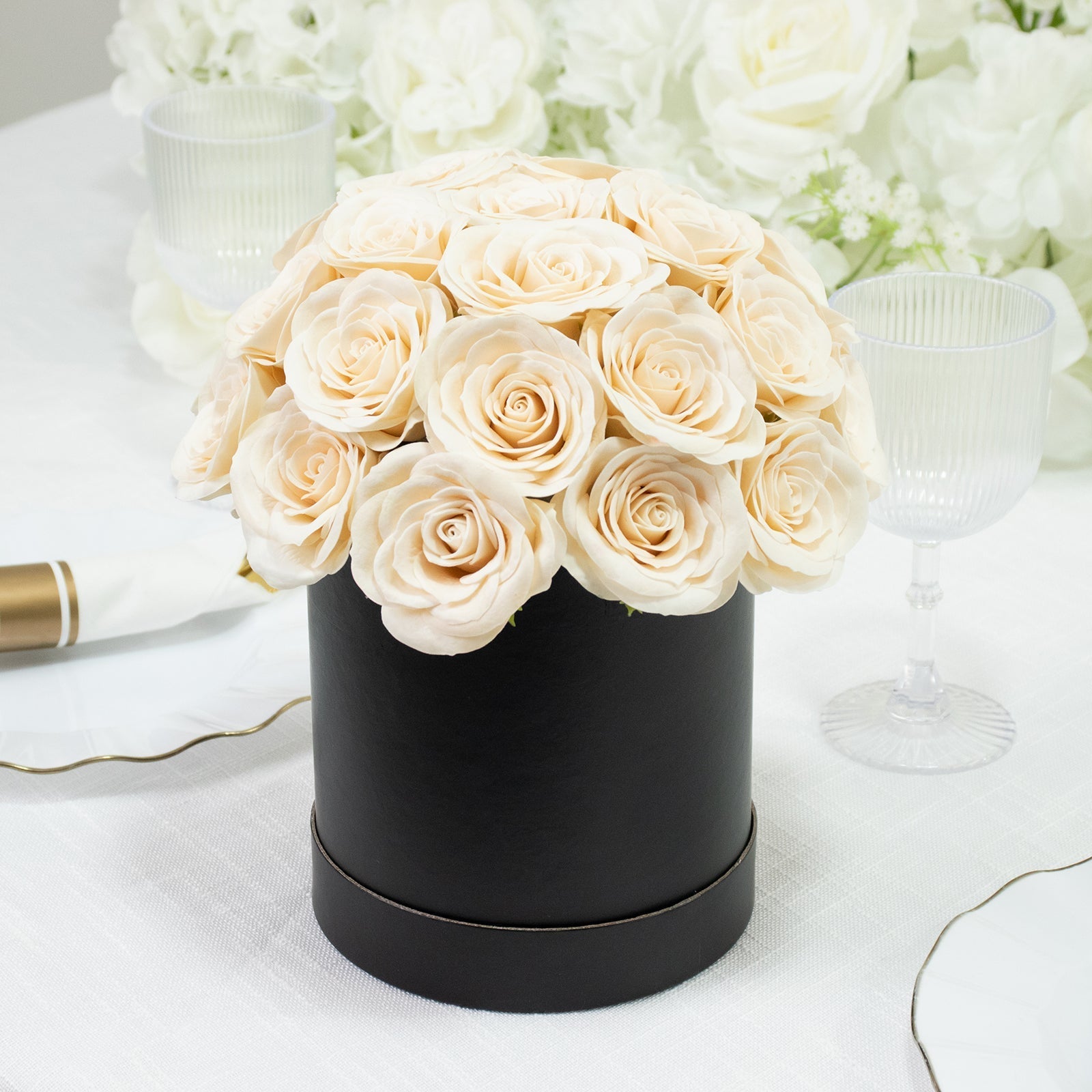 Ivory Prearranged Rose Centerpiece Arrangement 27pcs Roses with Black Round Gift Box - Decorations