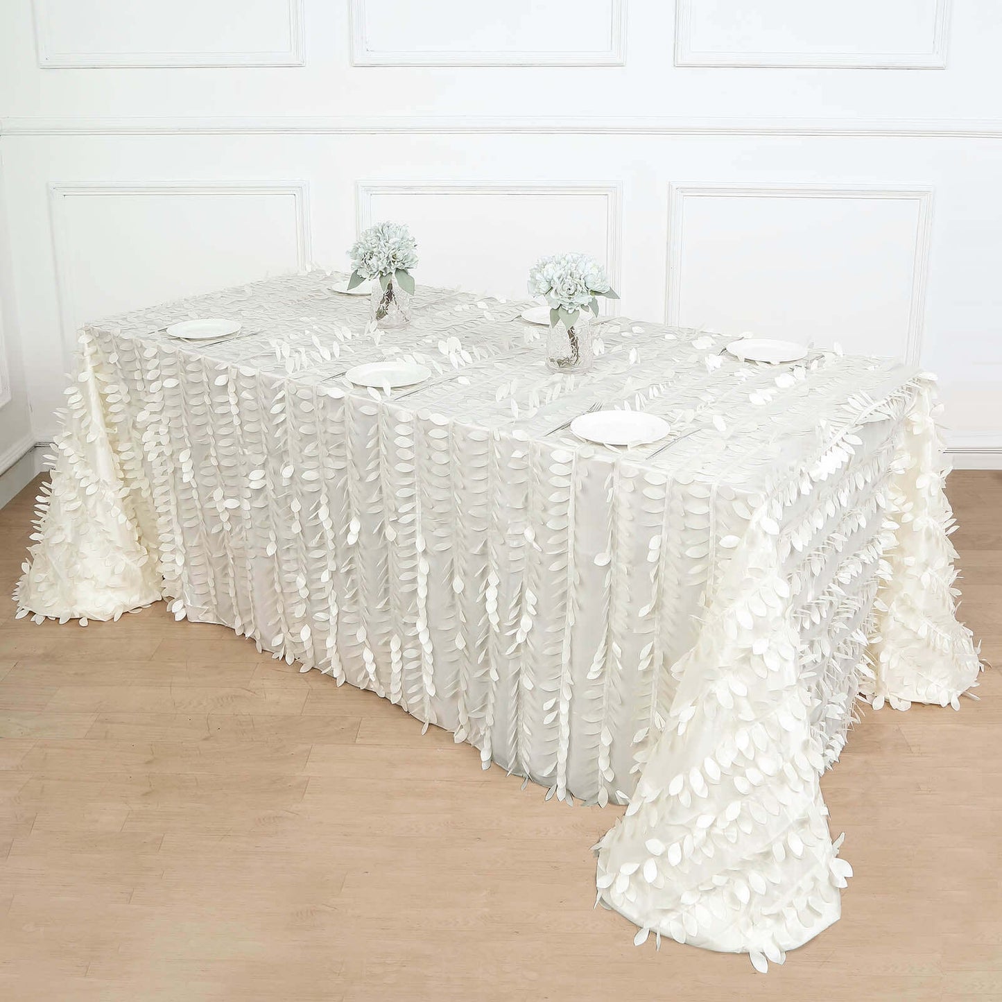 Taffeta 90"x156" Rectangle Tablecloth Ivory | 3D Leaf Petal Design Seamless Table Cover