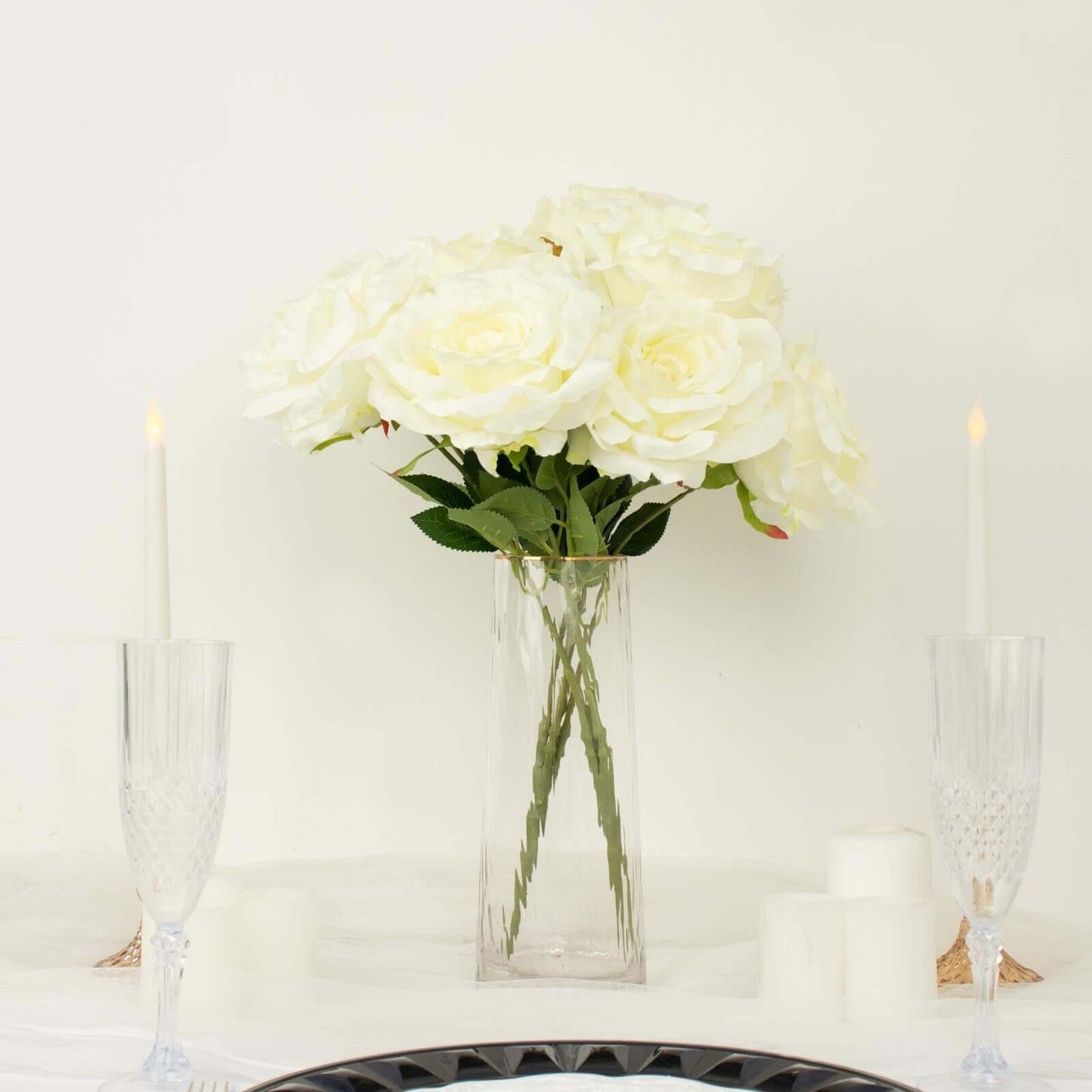 2 Bushes 17" Ivory Premium Silk Jumbo Rose Flower Bouquet, High Quality Artificial Wedding Floral Arrangements