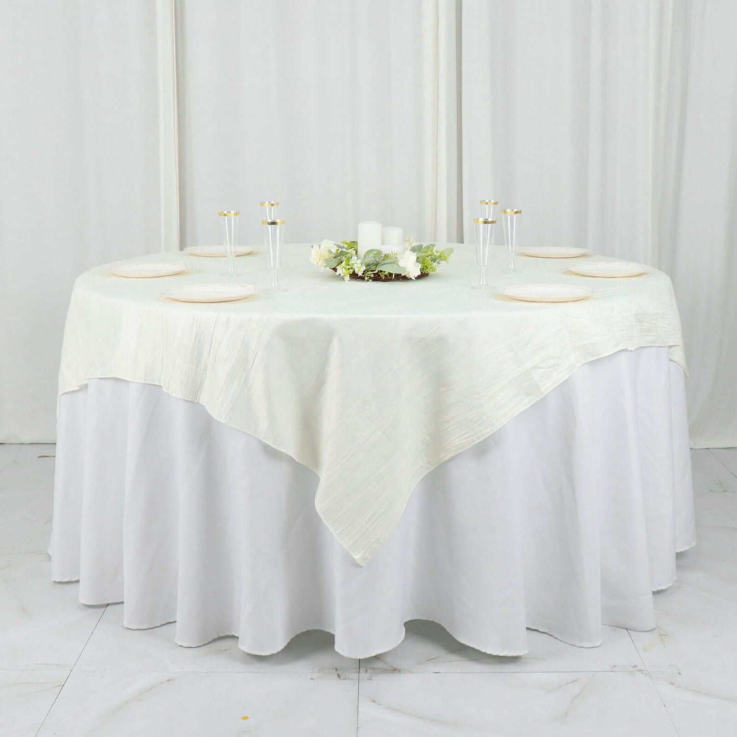Taffeta 72"x72" Table Overlay Square Tablecloth Ivory - Accordion Crinkle Table Cover