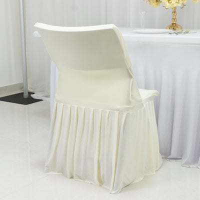 Ivory Spandex Pleated Lifetime Folding Chair Cover â€“ Stretch Slipcover with Floor-Length Skirt Also Fits Standard