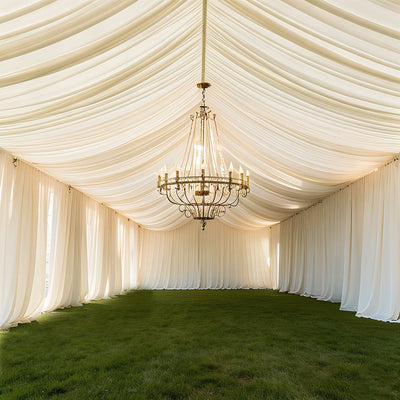 Ivory Stretch Spandex Tent Ceiling Drape â€“ 25ft x 36ft 100GSM Wrinkle-Free Fabric Ceiling Liner with Pole Pockets