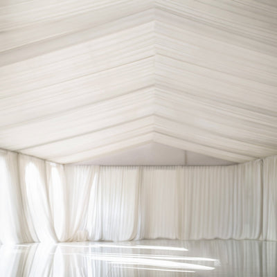 Ivory Stretch Spandex Tent Ceiling Drape â€“ 25ft x 36ft 180GSM Wrinkle-Free Fabric Ceiling Liner with Pole Pockets