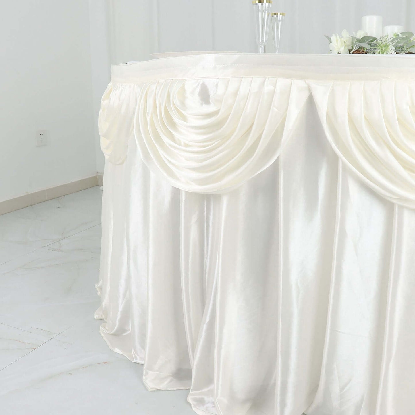 Satin 14ft Table Skirt Ivory - Pleated Double Drape Table Cover