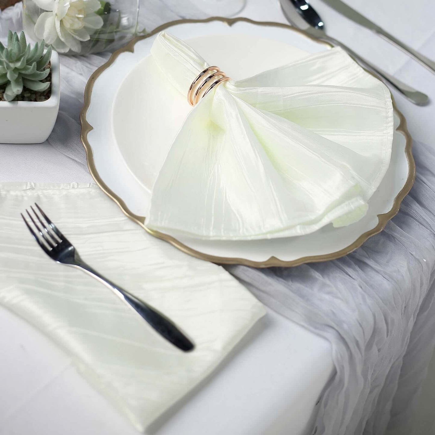 5 Pack Taffeta 20"x20" Napkins Ivory - Accordion Crinkle Dinner Napkins
