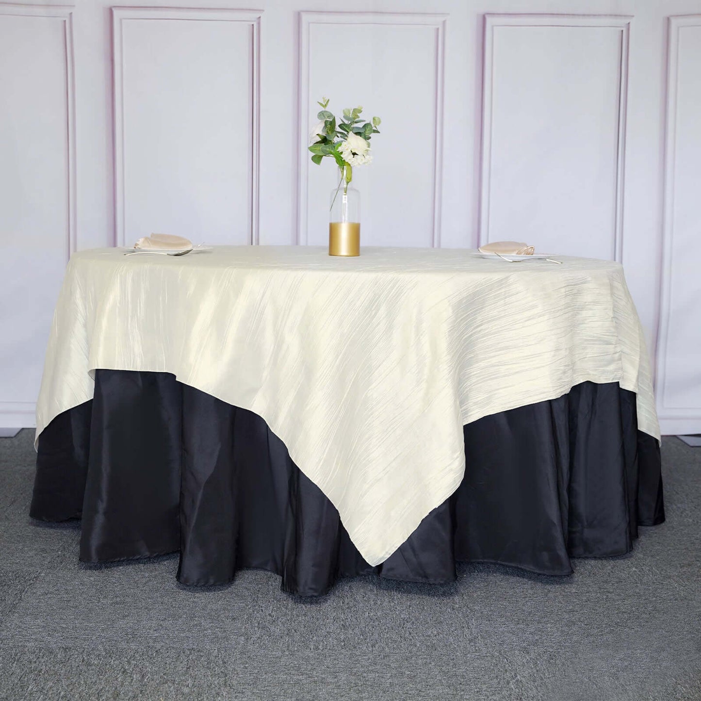 Taffeta 90"x90" Table Overlay Square Tablecloth Ivory - Accordion Crinkle Table Cover