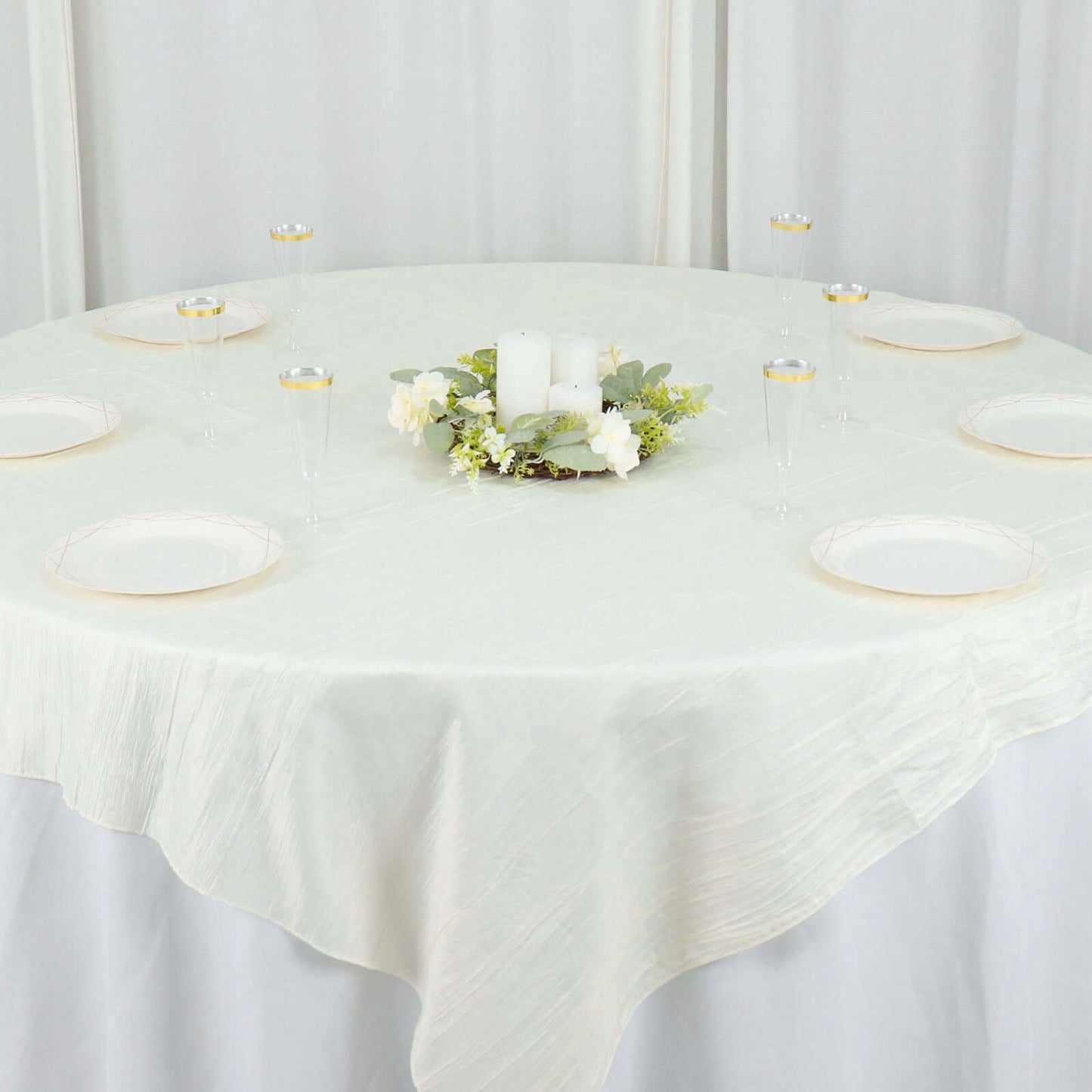 Taffeta 72"x72" Table Overlay Square Tablecloth Ivory - Accordion Crinkle Table Cover