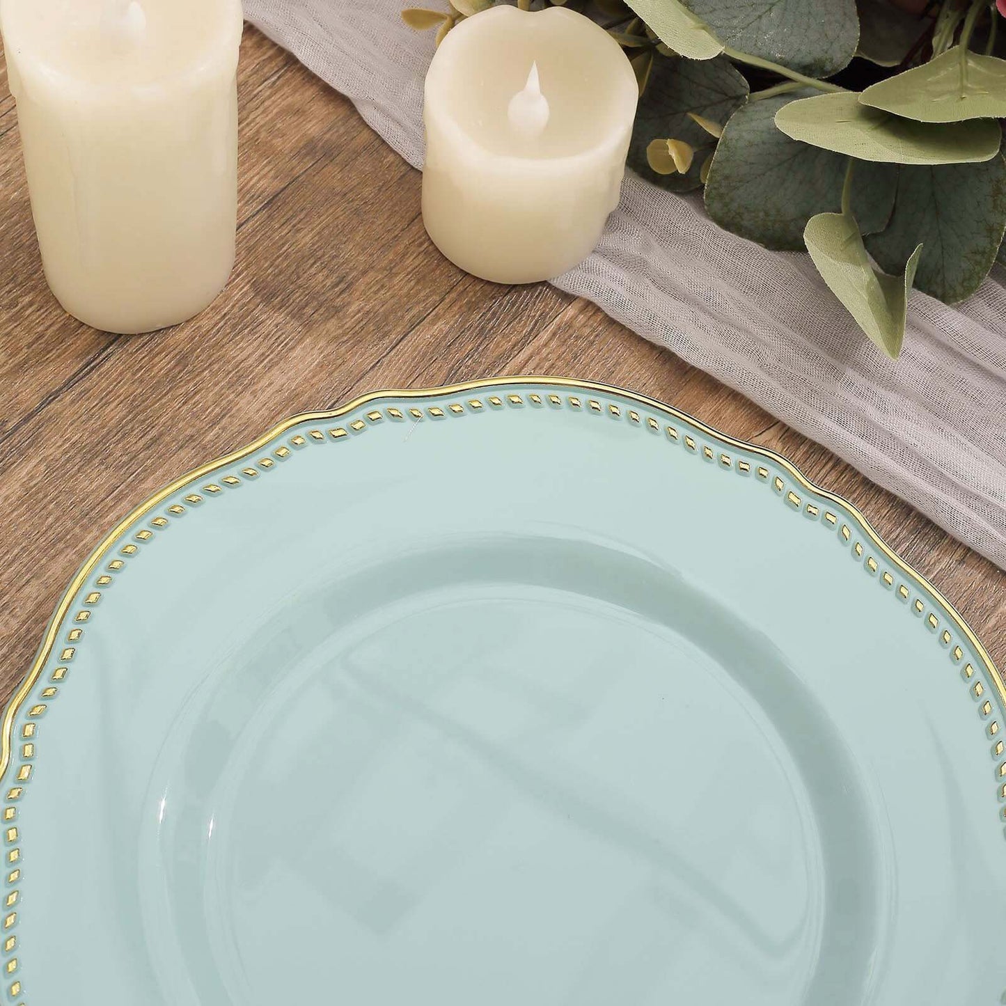 10-Pack Plastic Dinner Plates in Jade with Gold Scalloped Rim - Disposable Party Plates 9"