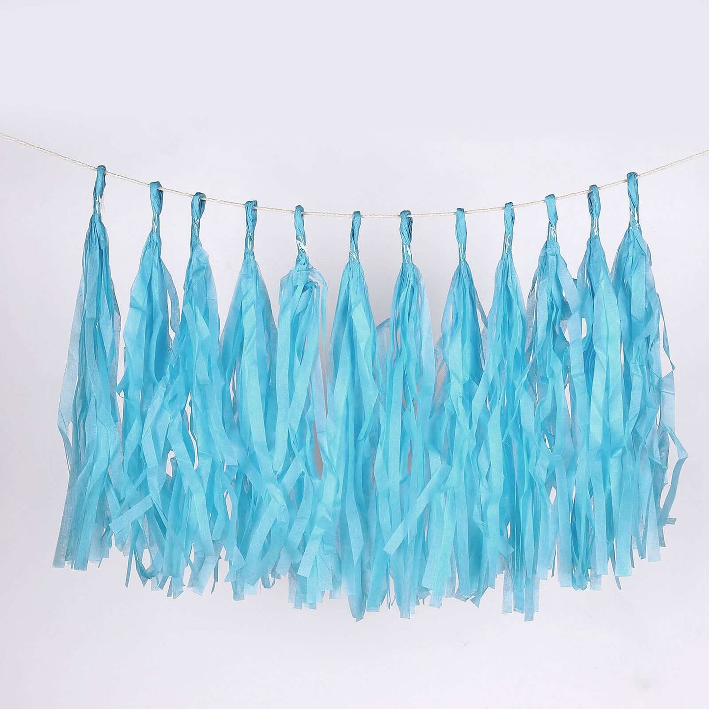 12 Pack Pre-Tied Turquoise Tissue Paper Tassel Garland With String, Hanging Fringe Party Streamer Backdrop Decor
