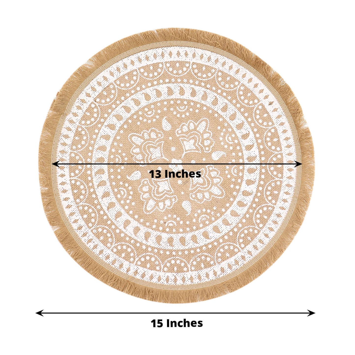 4-Pack Placemats Fringe Print Design Natural Jute and White Round - Rustic Burlap Woven Style 15"