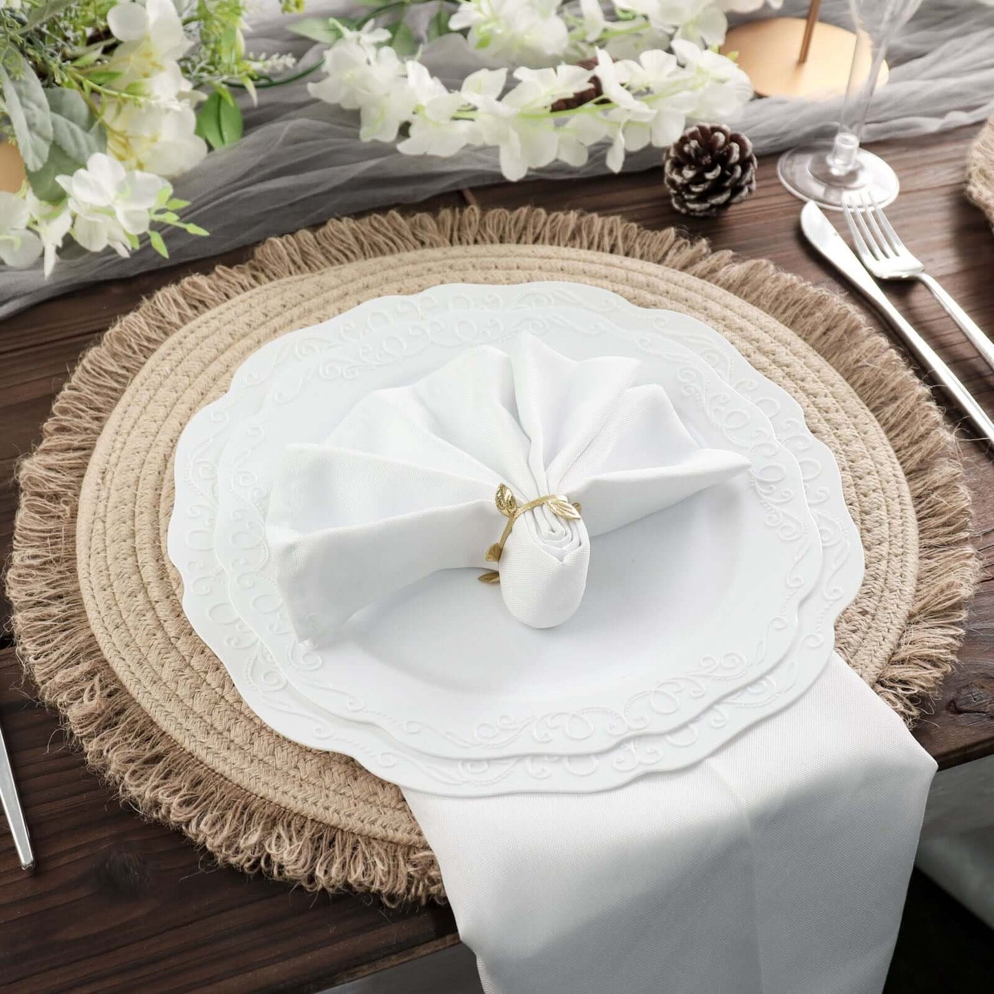 4-Pack Placemats Fringed Edge Design Natural Rustic Burlap Jute Round - Farmhouse Style Table Mats with Trim 15"