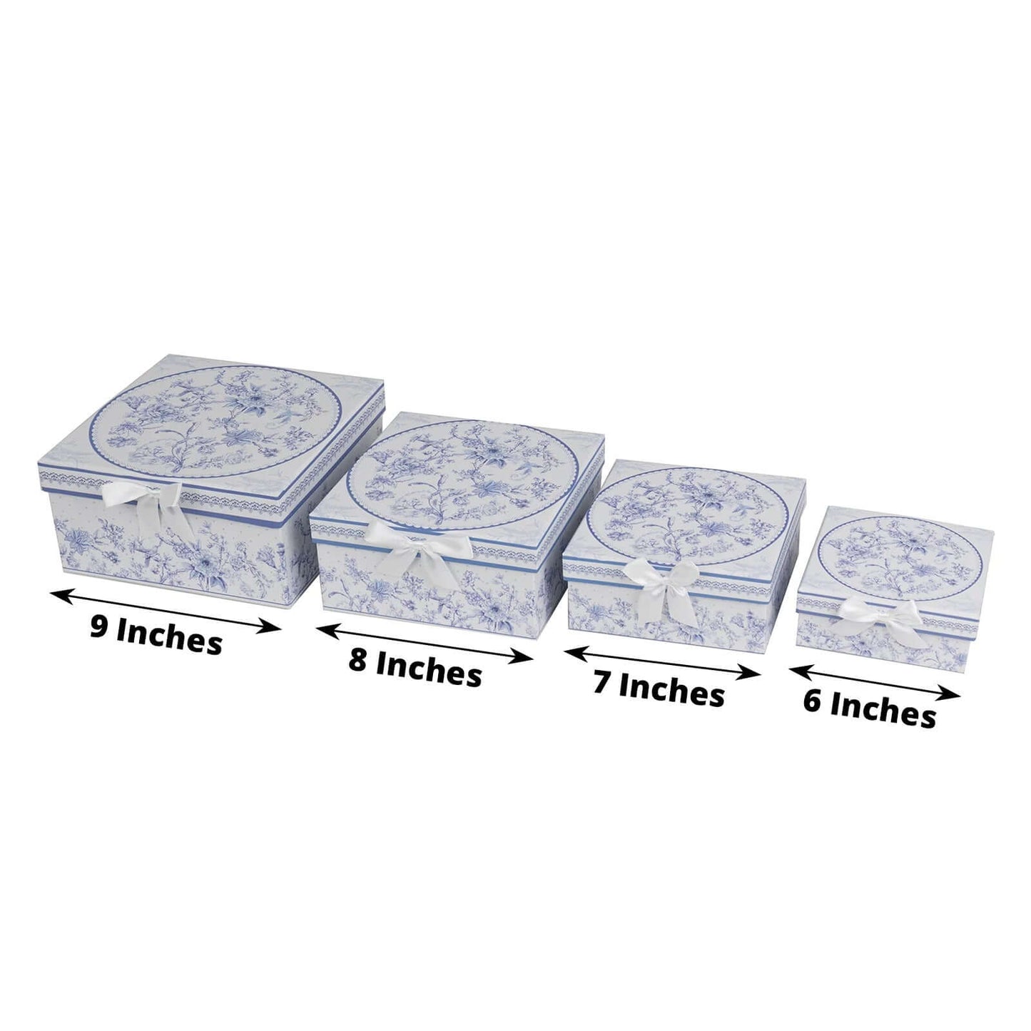 Set of 4 Cardstock Square Nesting Gift Boxes White Blue French Toile Design - Decorative Heavy Duty Stackable Keepsake Boxes With Lids for Presents Storage & Pedestal Stand 6",7",8",9"