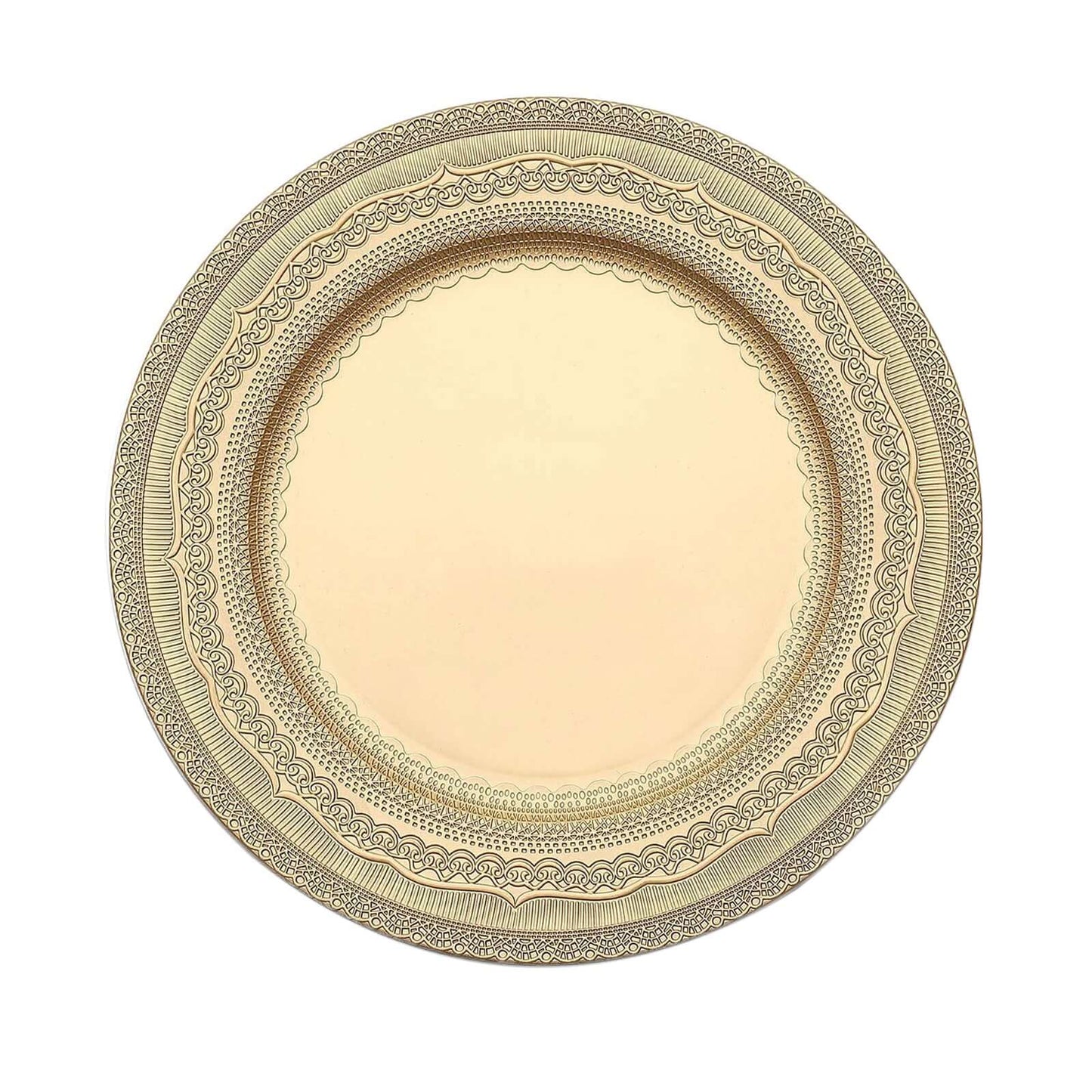 6-Pack Acrylic Round Charger Plates 13" in Gold with Lace Embossed Rim, Rustic Plastic Decorative Charger Tableware
