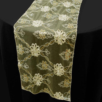 Lace Netting 14"x108" Table Runner Champagne Satin Floral Embellishments - Chic Vintage Table Decor