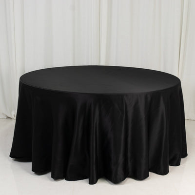 Lamour Satin 120’’ Round Tablecloth Black - Seamless Table Cover with Soft Tempered Sheen for Upscale Gatherings