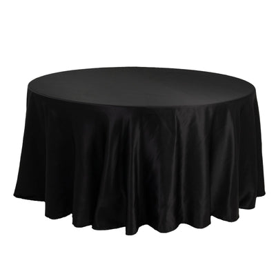 Lamour Satin 120’’ Round Tablecloth Black - Seamless Table Cover with Soft Tempered Sheen for Upscale Gatherings