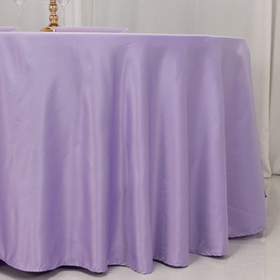 Lamour Satin 120’’ Round Tablecloth Lavender Lilac - Seamless Table Cover with Soft Tempered Sheen - Tablecloths