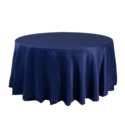 Lamour Satin 120’’ Round Tablecloth Navy Blue - Seamless Table Cover with Soft Tempered Sheen - Tablecloths