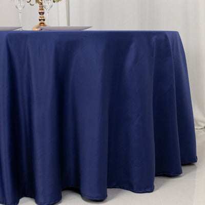 Lamour Satin 120’’ Round Tablecloth Navy Blue - Seamless Table Cover with Soft Tempered Sheen - Tablecloths