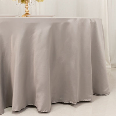 Lamour Satin 120’’ Round Tablecloth Silver - Seamless Table Cover with Soft Tempered Sheen - Tablecloths