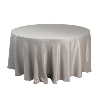 Lamour Satin 120’’ Round Tablecloth Silver - Seamless Table Cover with Soft Tempered Sheen - Tablecloths