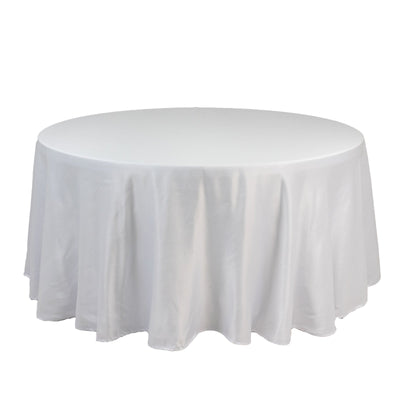 Lamour Satin 120’’ Round Tablecloth White - Seamless Table Cover with Soft Tempered Sheen for Upscale Gatherings