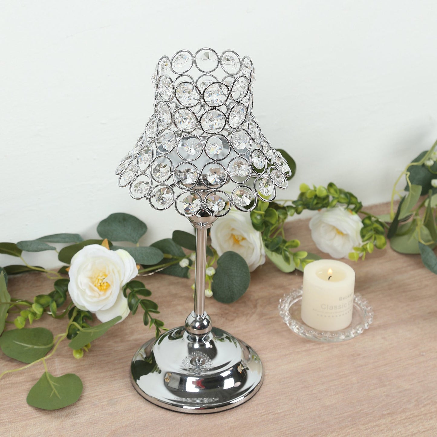 2 Pack Crystal Beaded Candle Holders â€“ 12" Tall Silver Metal Centerpieces with Lamp-Inspired Shade for Tables & Events