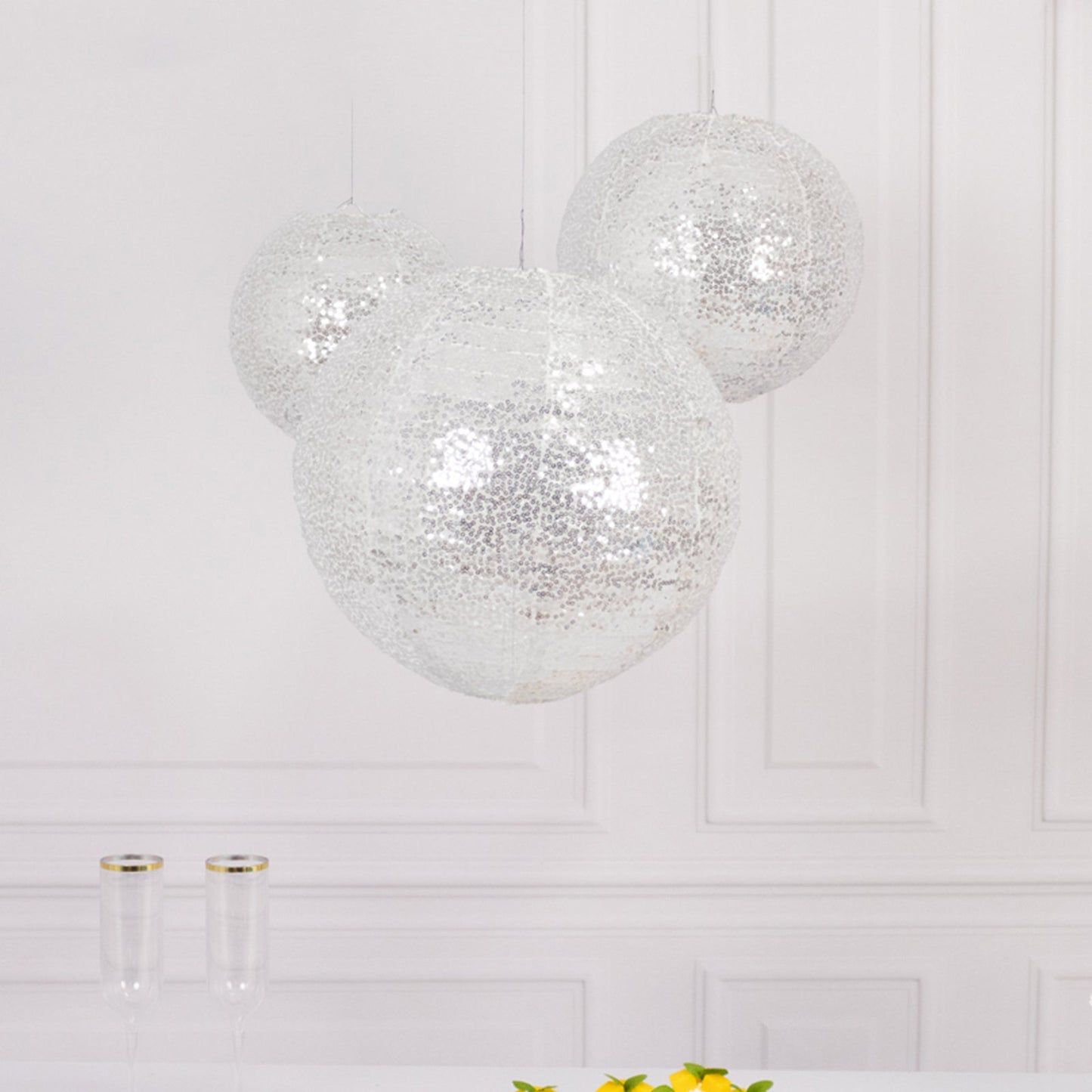 Set of 3 Glitter Silver Sequin Fabric Hanging Lanterns, Decorative Round Foldable Chinese Lantern Lampshades - 8",10",12"